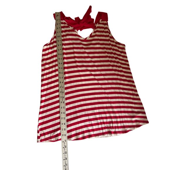 Faith & Joy Red & White L Striped Sleeveless V-Neck Tank Top With Back Bow Tie - Picture 7 of 7